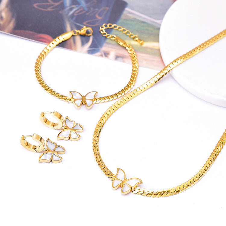Wholesale Shell Butterfly Clavicle Chain Bracelet Short Gold Earrings Necklace Set